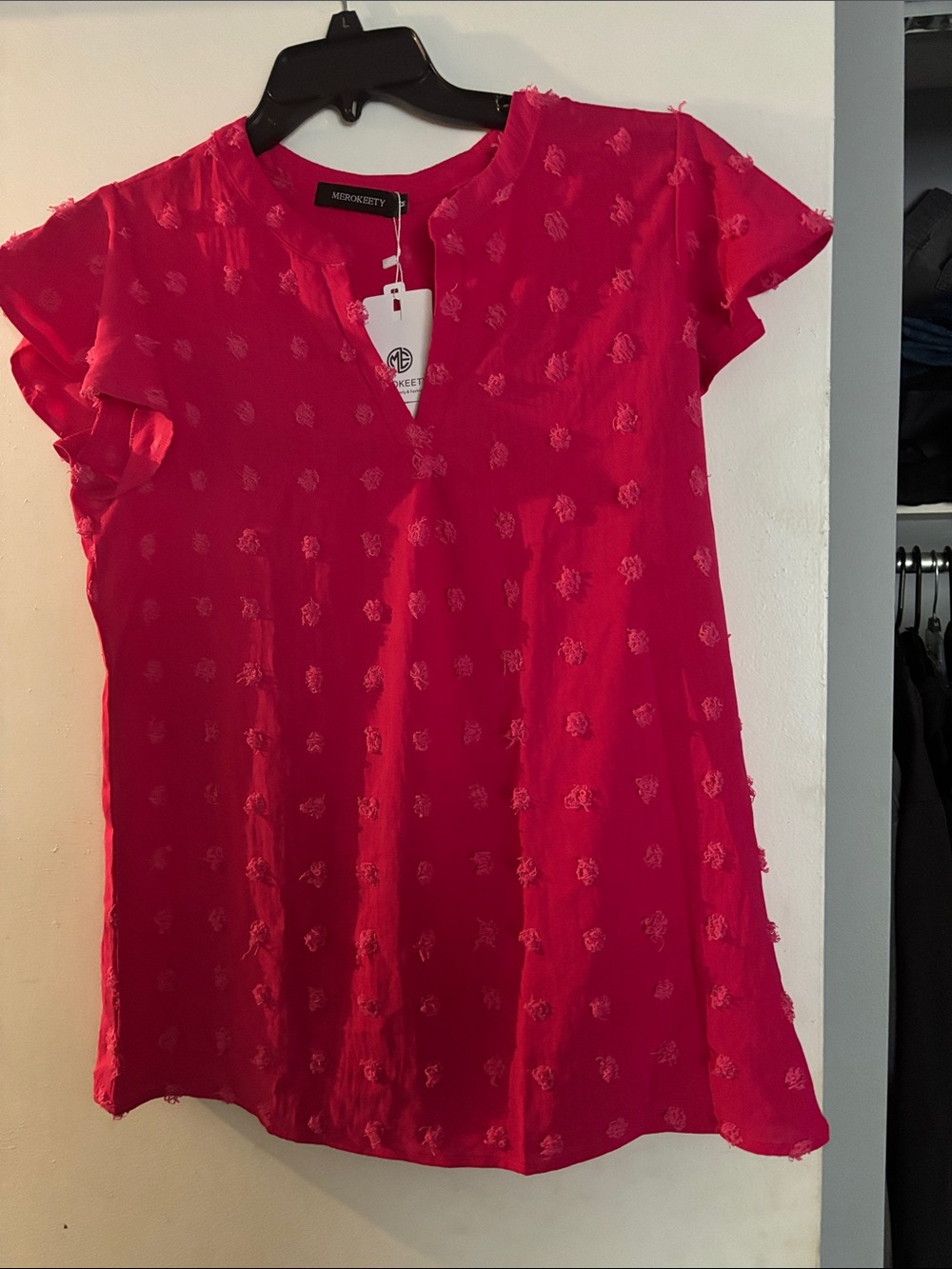 Merokeety Hot Pink Short Sleeve Textured V-Neck Blouse